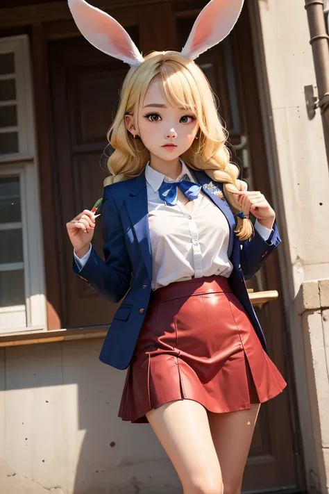  cute girl、Blonde、 braids、 rabbit ears、 white shirt、 blue blazer、 red skirt、Boots
