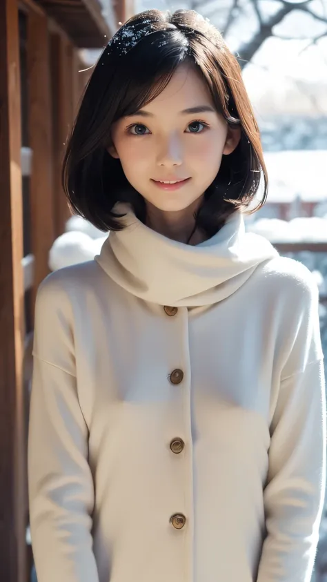    on the body Be careful,  skinny, face focus,  slender body、(((Winter clothing)))、Airy Bob 、Petite 30 year old,.((  flat chest,  small breasts)),  cute face, (  Deeply Carved Face:0.7), (Freckles:0.6), Soft light,  healthy white skin, shy, (  serious fac...