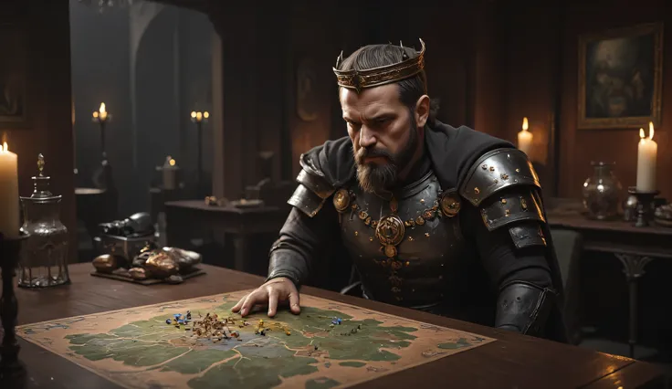  king looks at the battle map on the table , thoughtfully , Gothic ,man,  king gothic style  , Horinis ,Gothic ,the environment is different everywhere