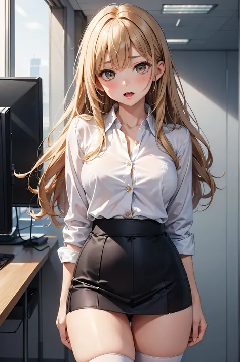  adult woman, Alone,  sexy, 8k resolution,(( best quality)),  super high resolution, ( highest resolution ), ( brown eyes),  beautiful symmetrical face  , (  Long Golden Hair ), cardigan, mini tight skirt ,white office shirt, stockings, is present:1.4, is ...