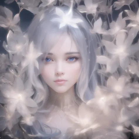 a beautiful fairy with silver hair, holding a glowing star-shaped wand in a starry night sky, detailed facial features, highly detailed, (best quality,4k,8k,highres,masterpiece:1.2),ultra-detailed,(realistic,photorealistic,photo-realistic:1.37),fantasy,mag...