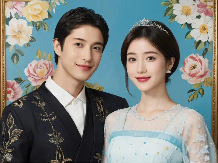 352 ( Twenty Year Old Princess and 20 Year Old Prince),( short hair ), ( high definition), (smile), ( fancy mesh costume), (flower), ( painting by Pablo Picasso )