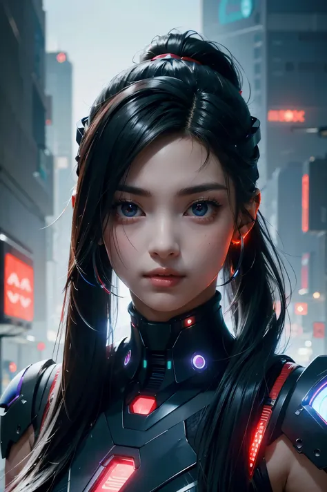 masterpiece, best quality, high resolution, 8K, (portrait), (close-up of avatar), (RAW photo), real photograph, digital photography, (cyberpunk queen), 20-year-old girl, long ponytail hairstyle with bangs, (black and blue gradient hair), (glowing red eyes)...