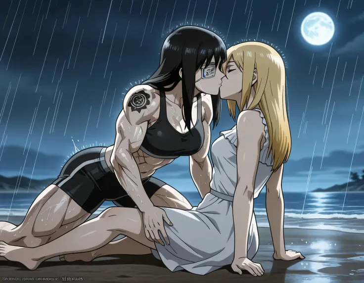 2girl,,mm,mature female,black hair,eyepatch,brown eyes,medium breasts,anime coloring,long hair,
muscular,black sport bra and black sport shorts,cowboy shot,beach, tattoo, 
,masterpiece,best quality,amazing quality,having a penis,Valmet enjoy kissing,muscle...