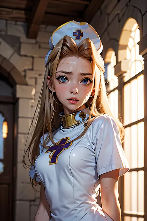 perfect anatomy best quality, highest resolution,(((metallic shiny castle dress shiny nurse hat sweat))) Tales of Phantasia mint ruins