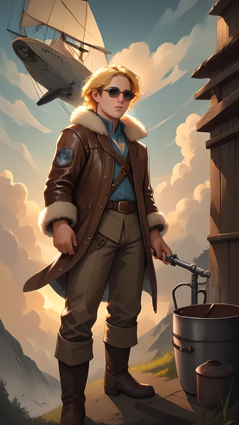 halfling, male, 1man, 1boy, short stature, pointed ears, big eyes, big feet, pilot, blonde hair, blue eyes, pale body skin, leather aviator jacket, fur lining, goggles perched on forehead, pilot’s cap, sturdy boots, fingerless gloves, tool belt slung, stan...