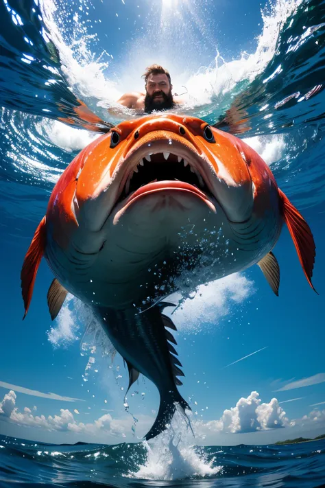 Fokus giant fish  mit Mann am Seeufer, giant fish ,  jumping out of the water , Thundering swell, Huge fish, bearded man