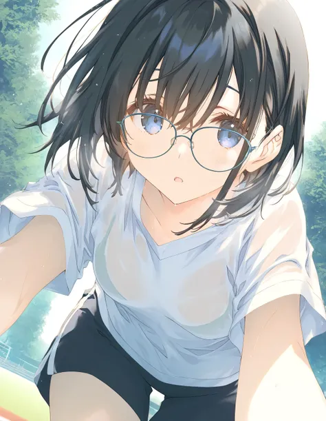 1girl, black hair, glasses, beautiful detailed eyes, small breasts, gym shorts, sweat, expressionless, open mouth, outdoors,wind, fantasy, game CG, break,(artist:mitsumi_misato),artist:fujiyama,artist:kokonoka, break,(masterpiece), (best quality), (ultra-d...