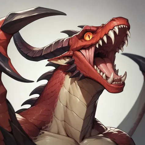 a detailed red male dragon, serpent eyes, sharp claws, menacing open mouth close up, extremely detailed scales across its powerful body, deep woods background