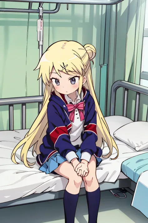 KUJO KAREN UNION JACK JACKET, a girl in a miniskirt in a sailor suit who is unwell on her bed in the infirmary, STRIPED BOW, WHITE SHIRT, LONG SLEEVES, PLEATED SKIRT, BLUE SKIRT, KNEEHIGHS