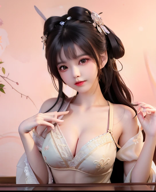 A girl, cute l old, maturbate, big breast, sexy, short dress, twin tail, CG Unity 8k Wallpaper, in lace petticoat thin silk wet , open v chested petticoat, The chest more exposed， detailed hair, green, detail 8k, upper body, ignette transparent fabric flow...