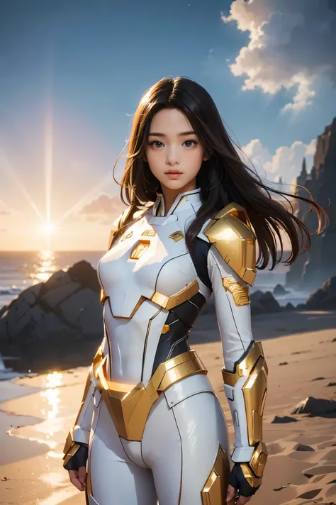 ((masterpiece, best quality, extremely detailed), volumetric lighting, ambient occlusion, colorful, glowing), 1girl, solo, young girl, (dark hair), long hair, halo, aura, sacred, goddess, cleric suit, (white outfit with gold detailst:1.3), armor, outdoors,...