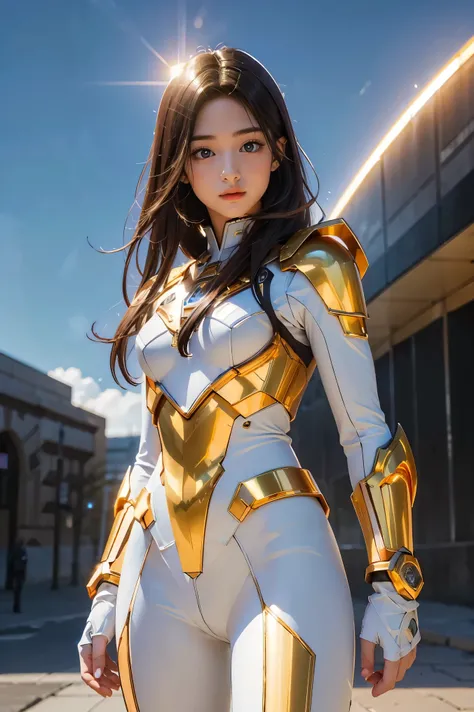 ((masterpiece, best quality, extremely detailed), volumetric lighting, ambient occlusion, colorful, glowing), 1girl, solo, young girl, (dark hair), long hair, halo, aura, sacred, goddess, cleric suit, (white outfit with gold detailst:1.3), armor, outdoors,...