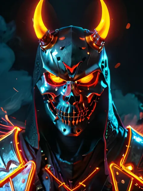 skull face ichigo hollow mask Glowing neon lights, Glowing Samurai emits sparks and electricity, Deep red and orange, Glowing eyes, Stills 