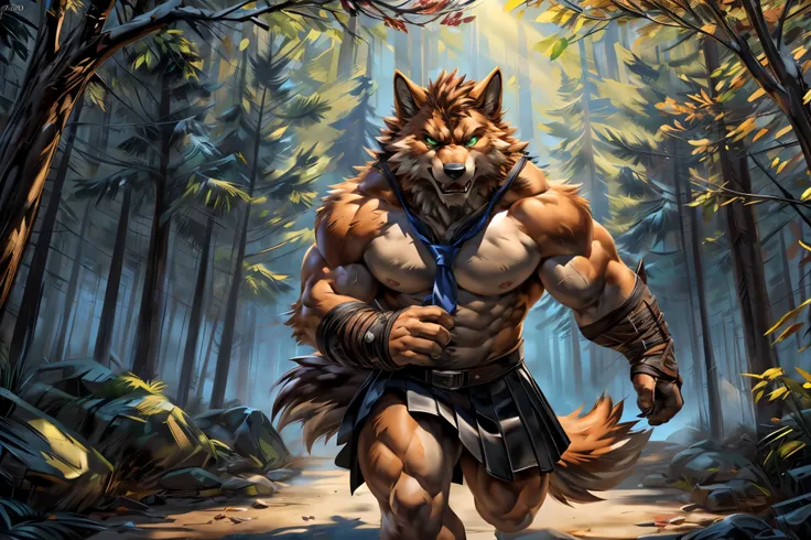 Muscular wild:1.2 Werewolf, posing for the camera. 4k, high resolution,  best quality skirt, perfect colors,  Perfect Shadows, perfect lighting,  published in e621 ,  orange fur ry body,  orange fur , white chest, black beard, wild wolf, Werewolf, Alone, m...