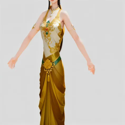 there is a woman in a dress that is standing up, beautiful render of tang dynasty, inspired by Lan Ying, sukhothai costume, epic 3 d oshun, full body xianxia, wearing gilded ribes, inspired by Sim Sa-jeong, inspired by Du Qiong, modeled in poser, inspired ...