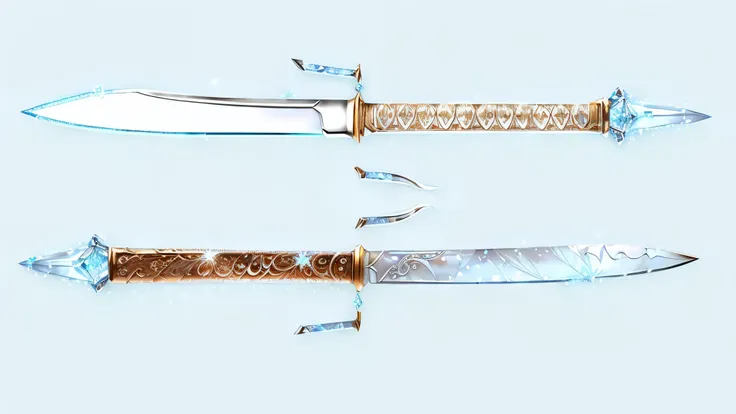 A celestial-themed knife with a blade of translucent crystal, etched with constellations that sparkle under the stars. The handle is wrapped in soft, pale blue fabric, and the guard is designed to resemble outstretched wings. A small orb of glowing starlig...