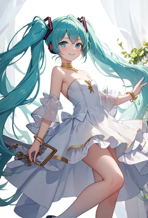 highest quality, masterpiece, High resolution, alone, (Hatsune_miku_Blue Archive:1.10), One girl, White Dress, Exposing shoulders, smile, Strapless Dress, whole body, View Viewer, Green Hair, Floating Hair, Are standing, White knee socks, bracelet, Green E...