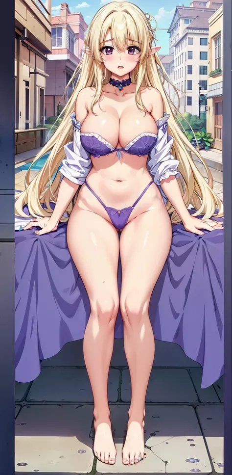 wife，  Big Breasts  ，exposed,    long hair，Elf ears，Small belly，纹胸，Big thighs ，Water Drops。Aho,bath towel，Purple Eyeshadow,barefoot，gem