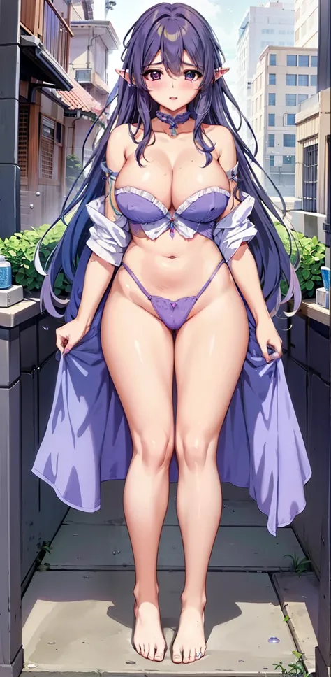 wife，  Big Breasts  ，exposed,    long hair，Elf ears，Small belly，纹胸，Big thighs ，Water Drops。Aho,bath towel，Purple Eyeshadow,barefoot，gem