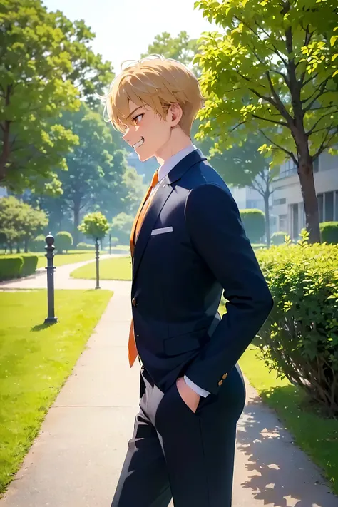 standing, masterpiece, best quality, Japanese manga style, cowboy shot, (looking away:1.5), from side, profile、(25 year old male: 1.5) and (short blonde hair) and (orange eyes), (suit:1.5) and (Blue tie), (grin:1.4), in the park, alone,
