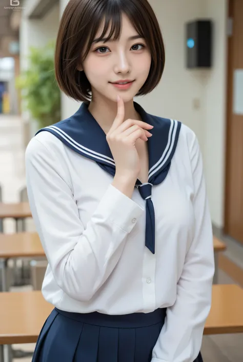 japanese cute idol, Japanese cute girl, kawaii, a pretty woman is posing in the school ,1girl, solo, realistic, smile, school uniform, short hair, black hair, nsfw, masterpiece, best quality, hyper detailed, insanely detailed, 16k, japanese , cute, kawa...