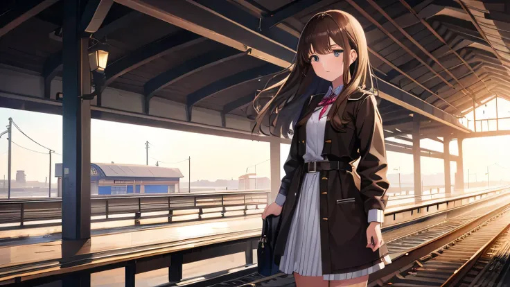 Highest image quality. Fine details. A girl. A tall beautiful girl is standing on a station platform. She has nothing in her hands. Her eyes are dark brown and she looks a little sad. She has long dark brown hair and wears cute bright clothes.