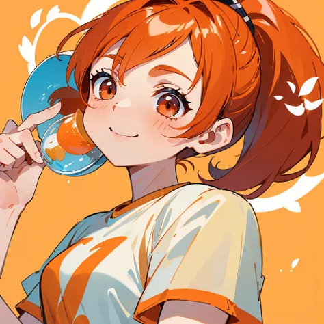 20-year-old woman、 orange hair、 ponytail、Round red eyes、 wearing a system facing up、The upper body is an orange t-shirt、 has a cup with a drink、smile、Looks delicious!、No background The background is white and orange 、 Upper Body Closeup 