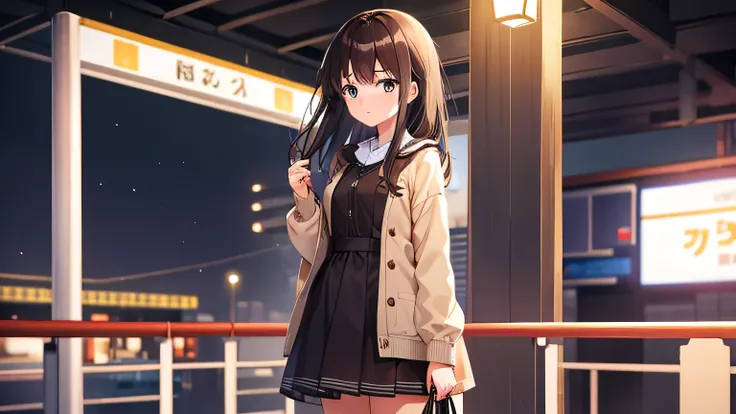 Highest image quality. Fine details. A girl. A tall beautiful girl is standing on a station platform. She has nothing in her hands. Her eyes are dark brown and she looks a little sad. She has long dark brown hair and wears cute bright clothes.