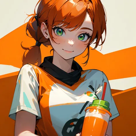 20-year-old woman、 orange hair、 ponytail、 green eyes、 wearing a system facing up、The upper body is an orange t-shirt、 has a cup with a drink、smile、Looks delicious!、 no background、The background is white and orange 、 Upper Body Closeup 