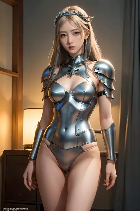 Full body like、woman swordsman、Small silver tiara, The upper body is knight's armor、The lower part of the body is bare、Thigh Armor、Panties with only strings、genitals protruding、cammel toe、Cape, Perfect breasts, Exposed , the perfect body, Dark pubic hair、b...