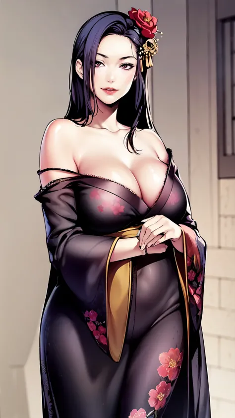 (masterpiece,  best quality),  Mature Woman,  shoulder out, black  kimono, chest,  tea hair, chest元, clavicle, Floral,   hair ornament,  hair clip ,   kimono ,  kimono, large chest,  long hair,  watch viewers,   off-shoulder ,  red eyes, smile, Alone,  tra...