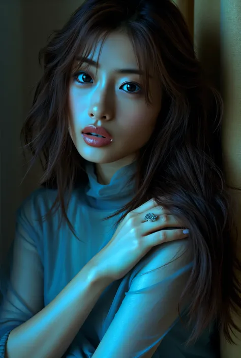 woman, analog style , RAW photograph (( portrait:1.8)), long hair, (( cute face: 1.7, Perfect face :1.3)), View your viewers, (Sparkling Body:1.5, blue-white skin:1.5), best quality , spectacular ( photograph: Lee Jeffries and Quentin Tarantino , s...