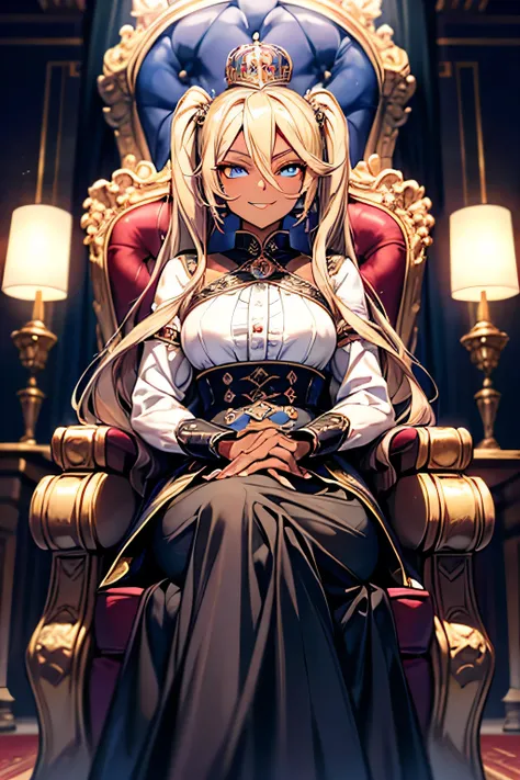 One person　Queen　young　Super beauty　sitting on the queen's chair crown　 twin tails　Blonde　 provocative smile 　blue eyes　( dark skin)　　((Queen's black gorgeous long skirt))　　　　　　　　　　　　　　　　　　　　　　　 indoor　 Luxurious Palace  queen's chair 　night　 cinematic lig...