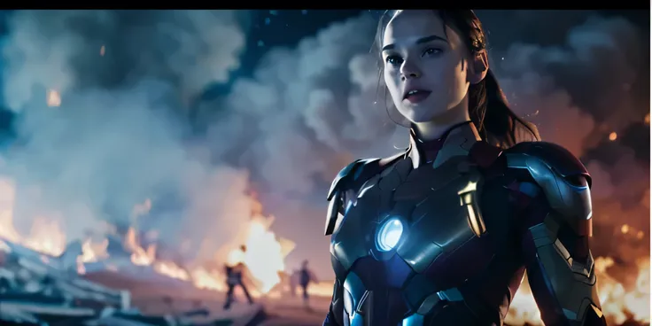 a woman in a futuristic suit standing in front of a fire, emma watson as iron man, gal gadot as hell lord, elle fanning as an android, film still of gal gadot, 2 0 2 1 cinematic 4 k framegrab, gal gadot as captain america, elon musk as iron man, gal gadot ...