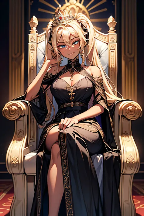 One person　Queen　young　Super beauty　sitting on the queen's chair crown　 twin tails　Blonde　 provocative smile 　blue eyes　( dark skin)　((Queen's black gorgeous long dress))　((Queen's black gorgeous long skirt))　　　　　　　　　　　　　　　　　　　　　　　 indoor　 Luxurious Palace...