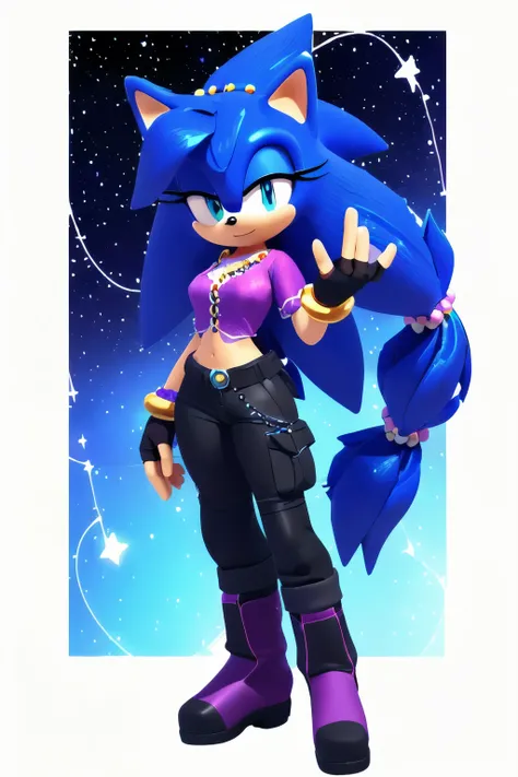 Sonic oc, Mobian, female, sonic the hedgehog but female, Cosmic hedgehog, A beautiful light blue hedgehog, purplish blue eyes, very long hair/quills, braided and beaded long hair bangs, long streaks of hair on each side of her face, (star constellation on ...