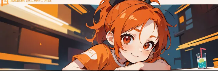 20-year-old woman、 orange hair、 ponytail、Round red eyes、 wearing a system facing up、The upper body is an orange t-shirt、 has a cup with a drink、smile、Looks delicious!、No background The background is white and orange 、 Upper Body Closeup 