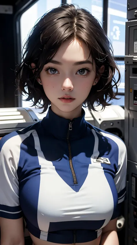 a woman with short red hair wearing (blue allianceuniform) in a space station, cute face, realistic skin, dramatic lighting, ultra realistic, wallpaper, intricate, sharp focus, ray tracing, rtx, professionally color graded, professional photography, master...