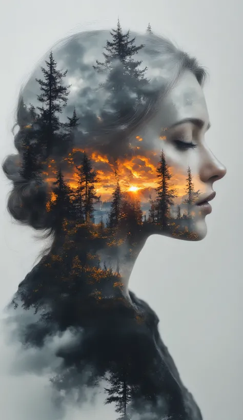 Surrealism, work of art, theme "calm madness", double vision, double exposure, a monochrome portrait of a beautiful mature woman with a peaceful expression, superimposed on the monochrome portrait is a colored view of countless offshore wind turbines lined...