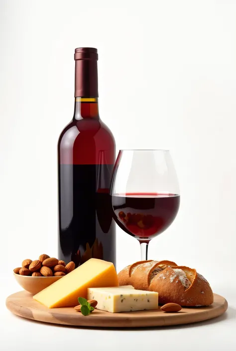 White background, wine bottle and glass filled with wine, almonds, bread, cheese, and grape