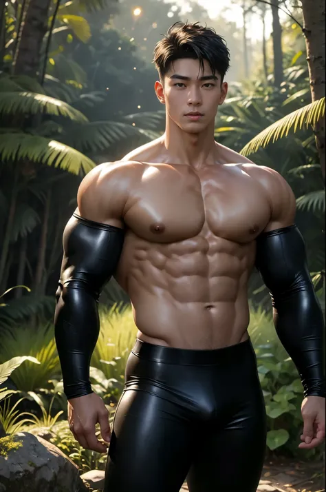 (Ultra realistic, intricate details, photorealistic, 8K HD, bright forest lightings,rich contrast), Detailed realistic, a handsome korean muscular young boy, powerful and intimidating, godly presence, young god|tarzan, ager face, beautiful, smooth dark bro...