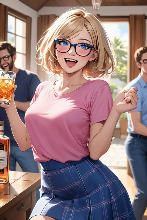 (masterpiece, best quality, 8k, high definition ), whole body, 1 woman, short blonde hair with red highlights, mid-chest, blue eyes, soft lips, beautiful face, wearing big glasses, natural light, detailed background, detailed illustration art, wearing a sl...