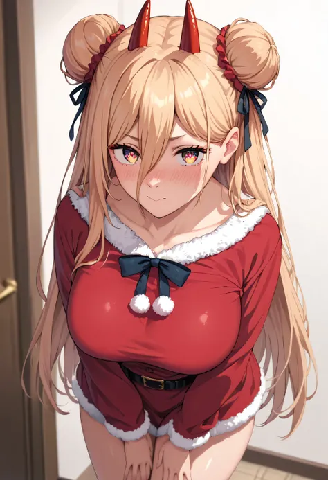 core_9, score_8_up, score_7_up, score_6_up, score_5_up, score_4_up, 1girl, p0w3r0x1, long hair, blonde hair, red horns,demon pupils, large breasts, nose blush, looking at viewer, shiny hair,clear skin,ultra-detailed-eyes,,cute girl, eyelashes, chinese sant...