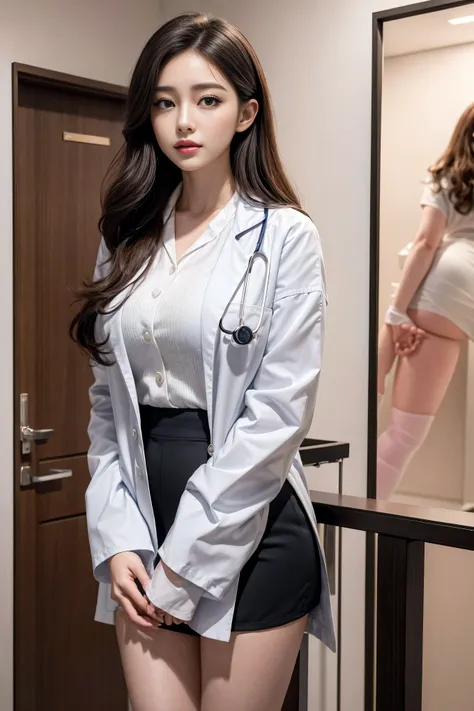  realistic beautiful doctors in the hospital、amazing beauty、Collared shirt、Wear the doctor's white coat outside,Stethoscope , ( top quality 、8K、32K、 masterpiece、nffsw:1.3), 2 girls， Delicate Face ， big blue eyes ，Brown curly hair，Sexy plump red lips， one h...