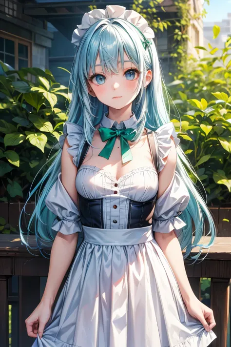 masterpiece, best quality, very detailed,photo is present, is present, ultra high resolution, Masterpiece, Beautiful Girl, light blue hair with a slender body, straight hair, long hair, emerald eyes, perfect eyes, small breasts, so cute,Maid,青いMaid服, lon...