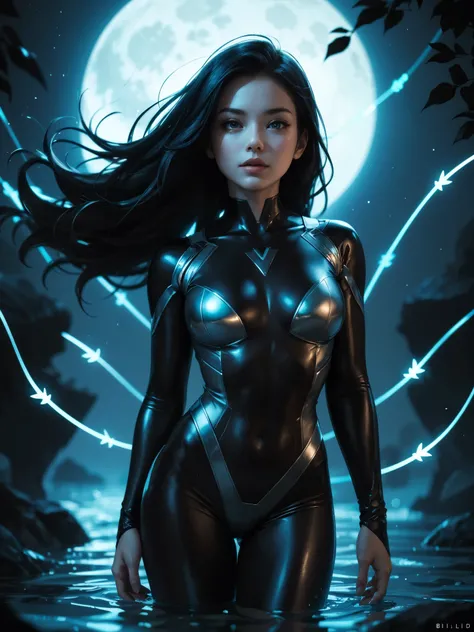 girl, standing, half-submerged in the water, superhero bodysuit, blue and black theme, white sleek dress, beautiful breasts shape, dark hair, long hair, looking at viewer, floating wires, big and sleek wires, glowing water surface, full moon,