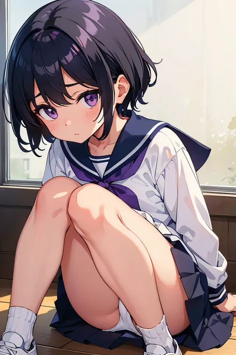  elementary school  toddler flat chest black hair  　 wavy short hair　  purple eyes 　（（One person））White upper body long sleeve sailor suit 　  lower body navy blue mini skirt　  white panties　  white socks　 sneakers（（ I can see my panties））　 school gymnasium...