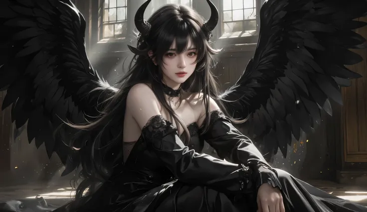 A breathtaking fallen angel seated gracefully in a dimly lit, gothic cathedral. She has long, flowing black hair cascading over her shoulders, paired with striking golden eyes that exude both sorrow and power. Her horns curve elegantly from her head, symbo...