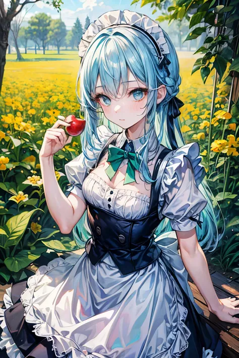 masterpiece, best quality, very detailed,photo is present, is present,  ultra high resolution,  Masterpiece, Beautiful Girl, light blue hair with a slender body, straight hair, long hair, emerald eyes, perfect eyes, small breasts, so cute,Maid,青いMaid服, lon...